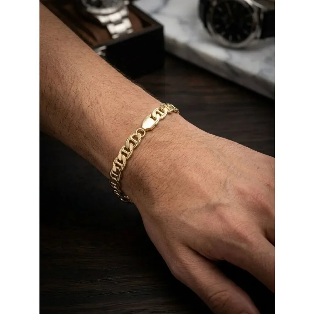 7.5mm Men's Gold Mariner Link Bracelet Flat Anchor Chain Heavy Polish 8” New